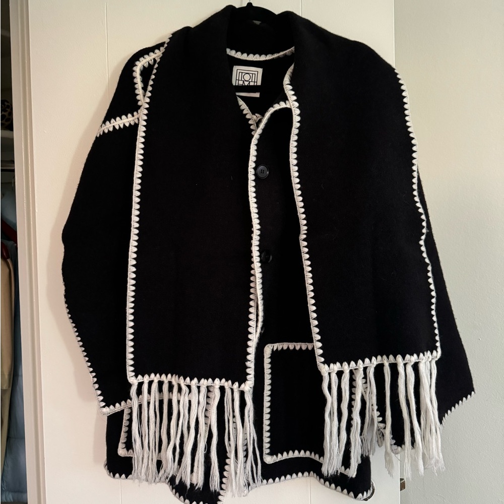 Toteme style fringe scarf jacket, black, size S